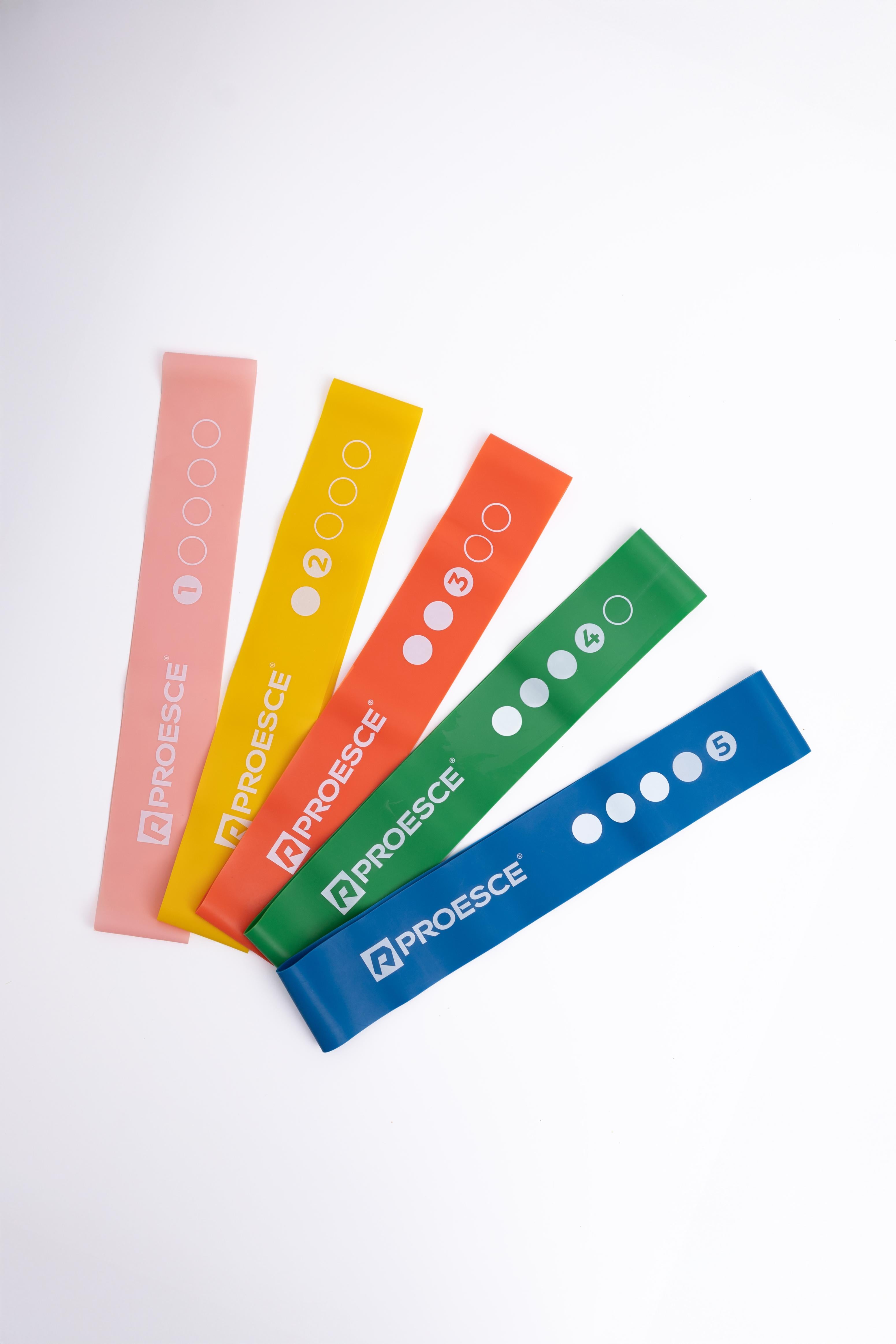 LATEX RESISTANCE BAND SET – INCLUDES 5 BANDS WITH RESISTANCE LEVELS 1, 2, 3, 4, AND 5