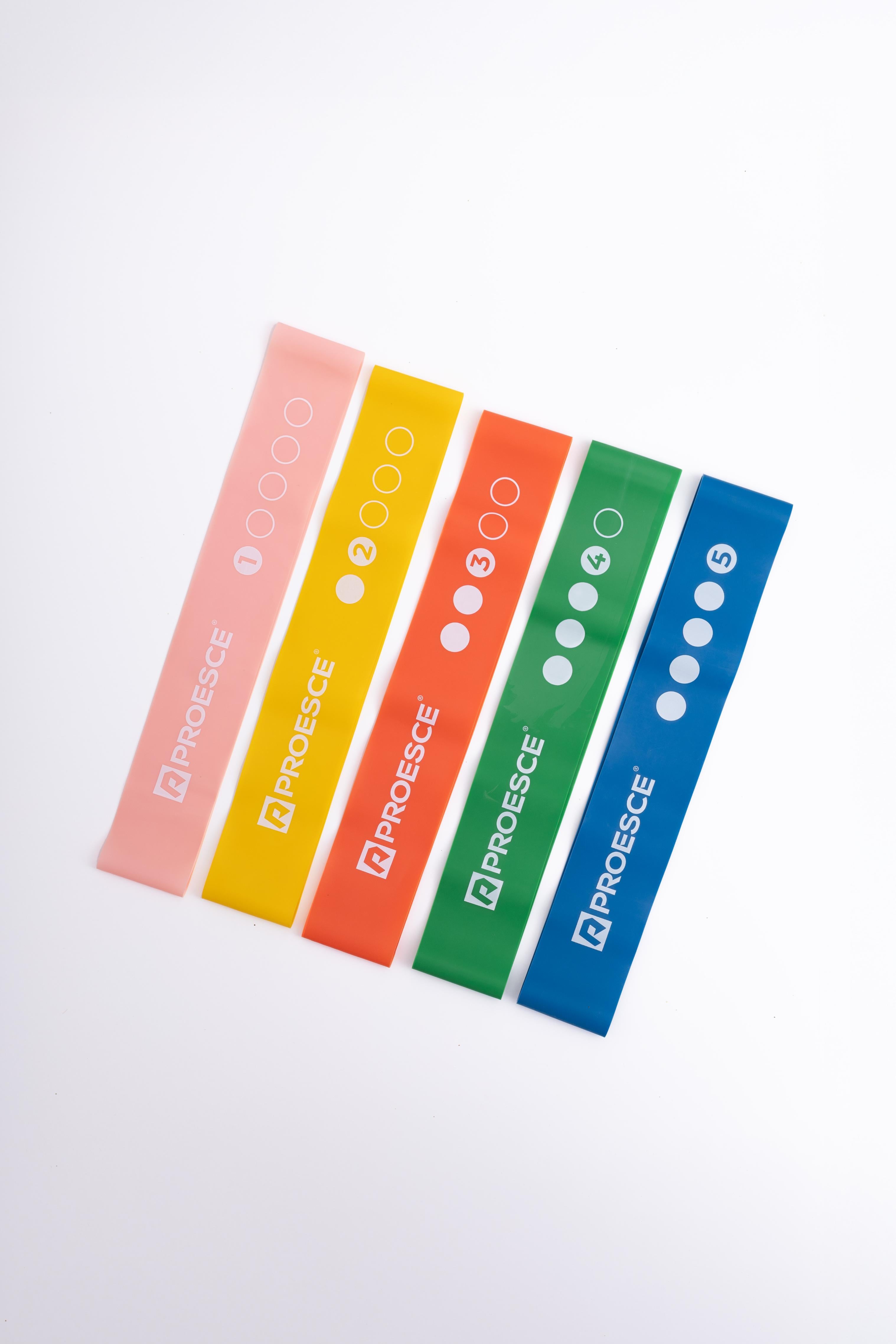 LATEX RESISTANCE BAND SET – INCLUDES 5 BANDS WITH RESISTANCE LEVELS 1, 2, 3, 4, AND 5